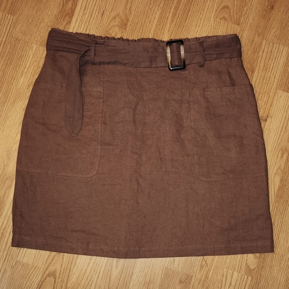 Jones New York Skirt Women XLarge Brown Linen Blend Belted Elastic Waist Pockets